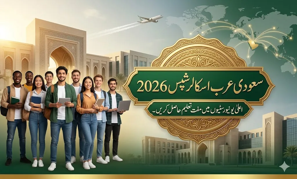 Saudi Arabia fully funded scholarships 2026 banner showing international students and gold center title for global education program.