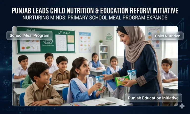 Pakistani school children receiving milk and biscuits from teacher under CM’s School Meal Program in Punjab classroom with education and nutrition theme.