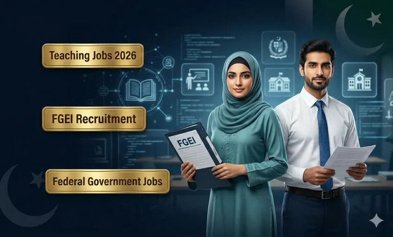 Pakistani male and female teachers in professional setting representing FGEI teaching jobs 2026 recruitment with federal government education theme and application documents.