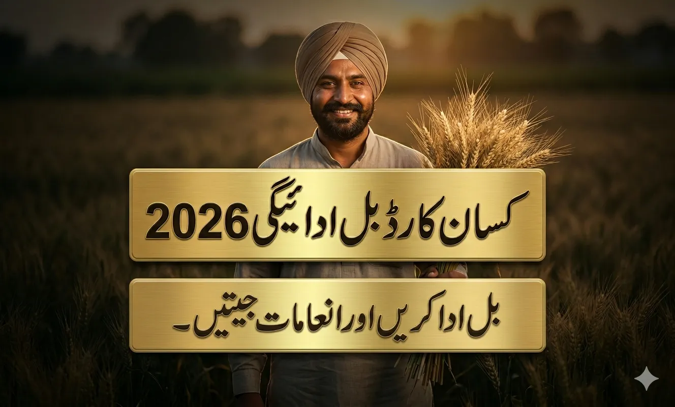 Farmer holding wheat crop with Kisan Card bill payment 2026 announcement