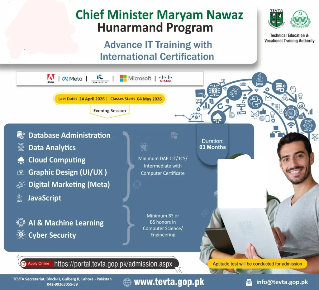 TEVTA Punjab digital skills training students laptops AI graphic design course Pakistan