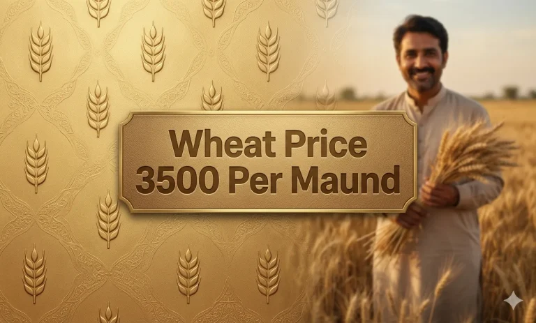 Wheat price 3500 per maund highlighted on golden background with wheat crops