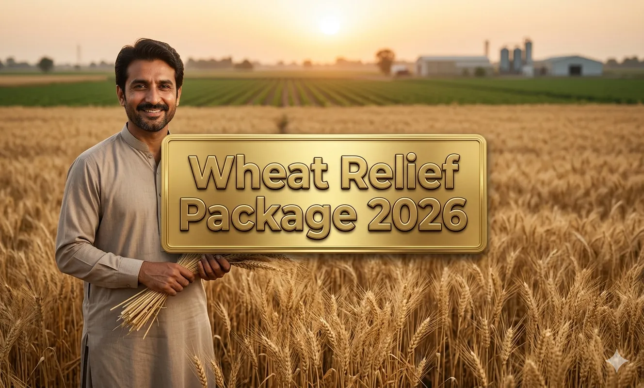 Wheat Relief Package 2026 banner showing farmer in wheat field with government support announcement