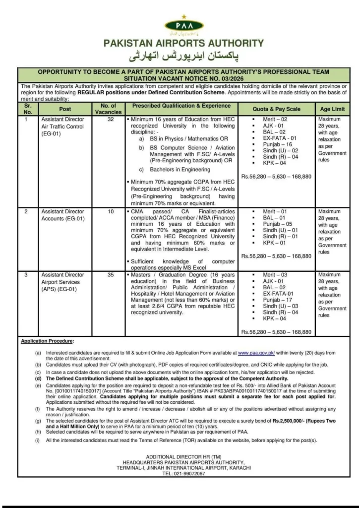 PPA Jobs 2026 for Assistant Director Air traffic control, Assistant Director Accounts, Assistant Director Airport Services EG-01