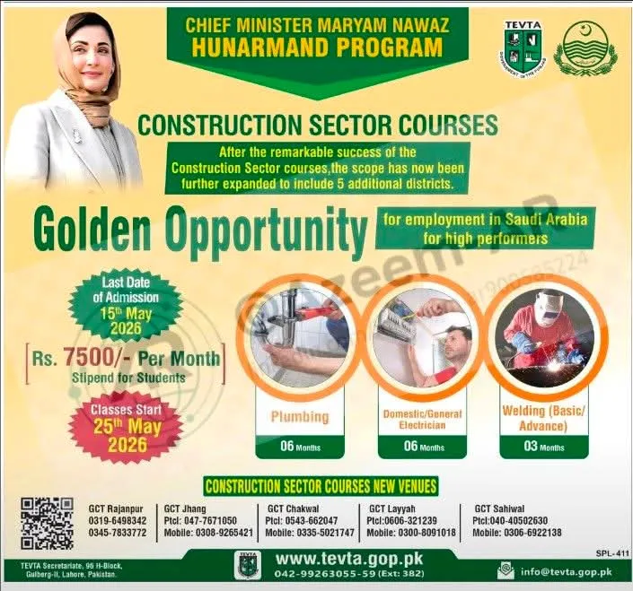 Free Construction courses under CM Punjab Hunarmand Program 2026